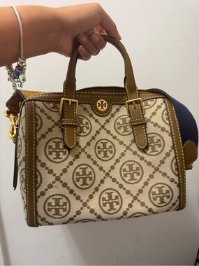 Tory Burch Beige and Tan Logo-Print Satchel